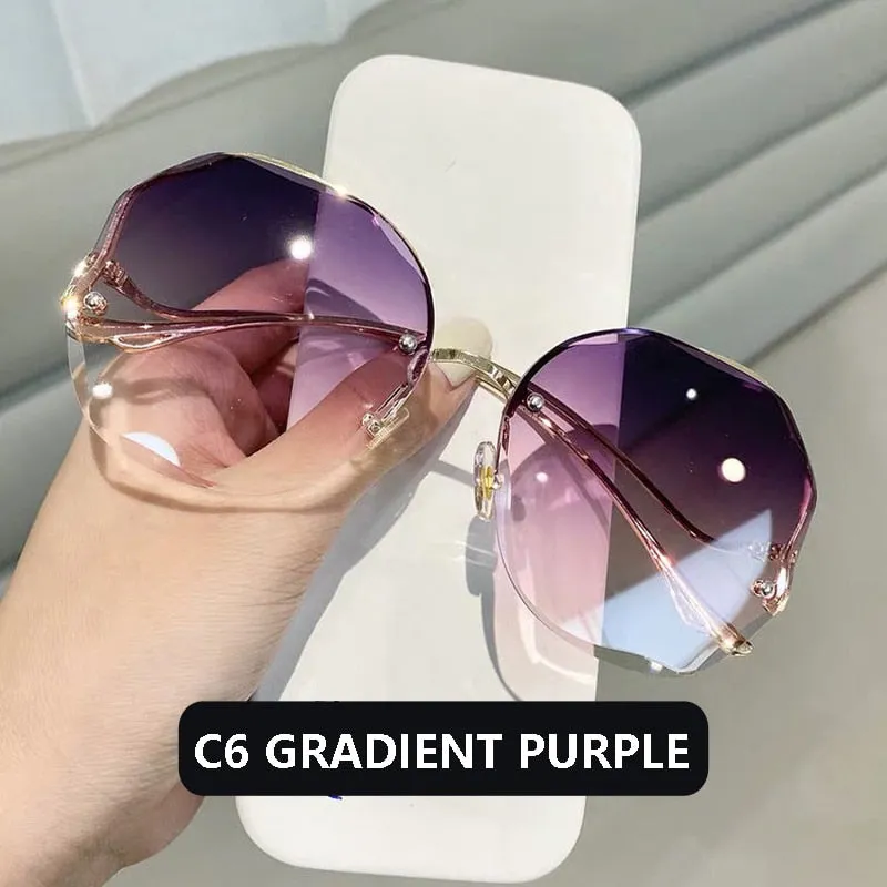 2022 Fashion Tea Gradient Sunglasses Women Ocean Water Cut Trimmed Lens Metal Curved Temples Sun Glasses Female UV400