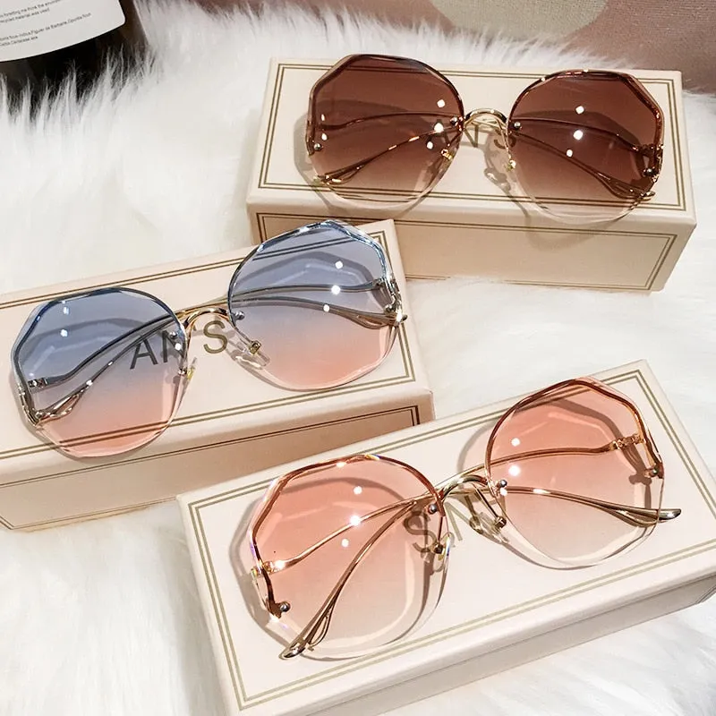 2022 Fashion Tea Gradient Sunglasses Women Ocean Water Cut Trimmed Lens Metal Curved Temples Sun Glasses Female UV400