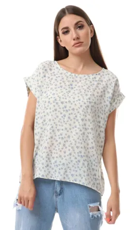 57084 Bi-Tone Floral Loose White & Docside Blue Blouse