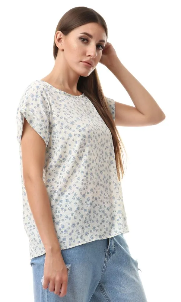 57084 Bi-Tone Floral Loose White & Docside Blue Blouse