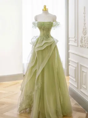 A-Line Off Shoulder Tulle Lace Green Long Prom Dress, Green Lace Long Formal Dress