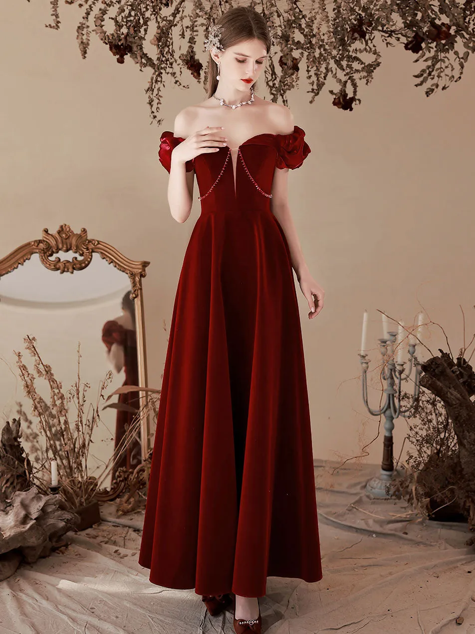 A-Line Off Shoulder Velvet Burgundy Long Prom Dresses, Burgundy Formal Evening Dress