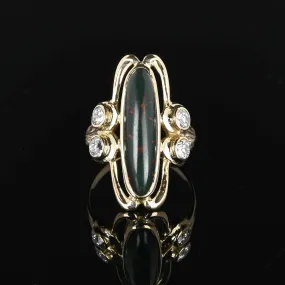 Antique Navette Diamond Bloodstone Ring in 14K Gold