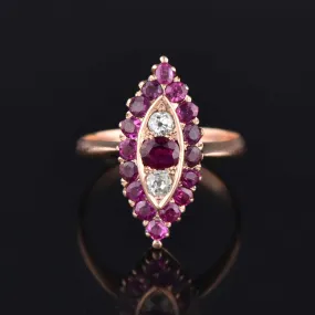 Antique Victorian 1.5 CTW Diamond Ruby Navette Ring 14K Gold