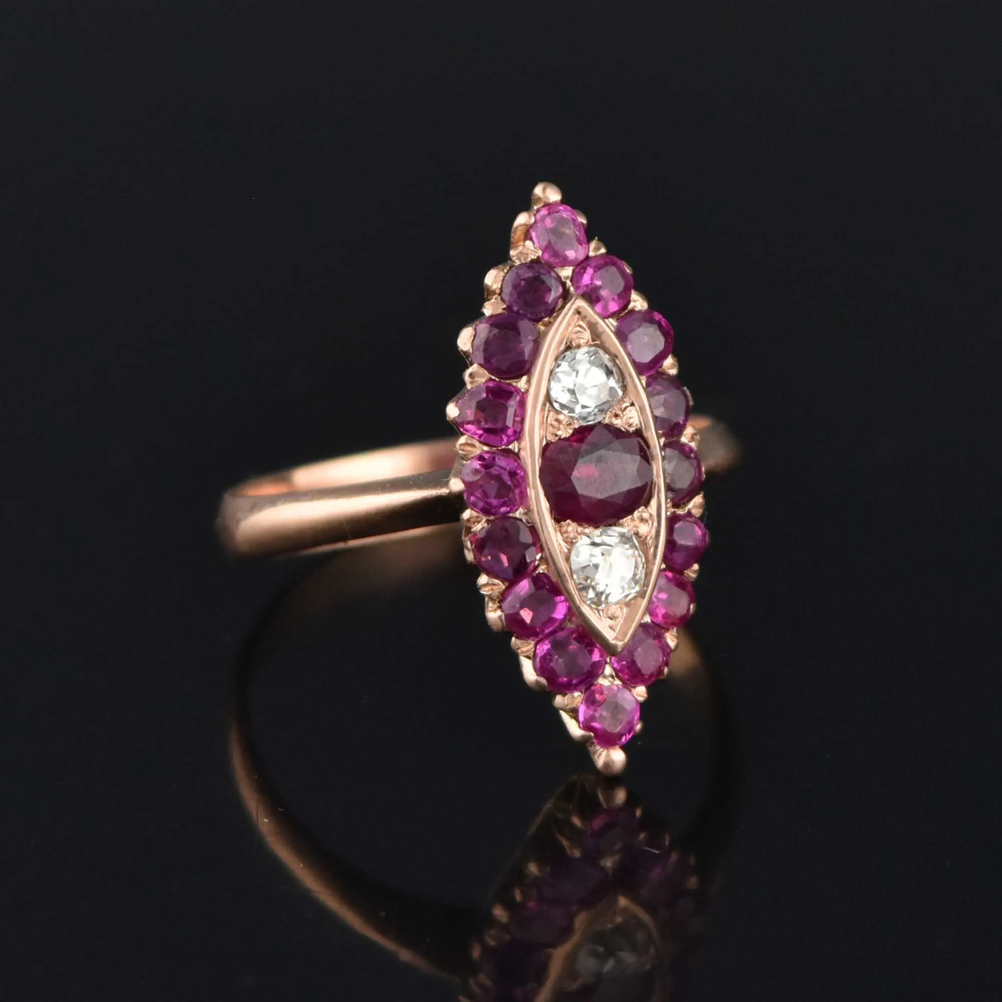 Antique Victorian 1.5 CTW Diamond Ruby Navette Ring 14K Gold