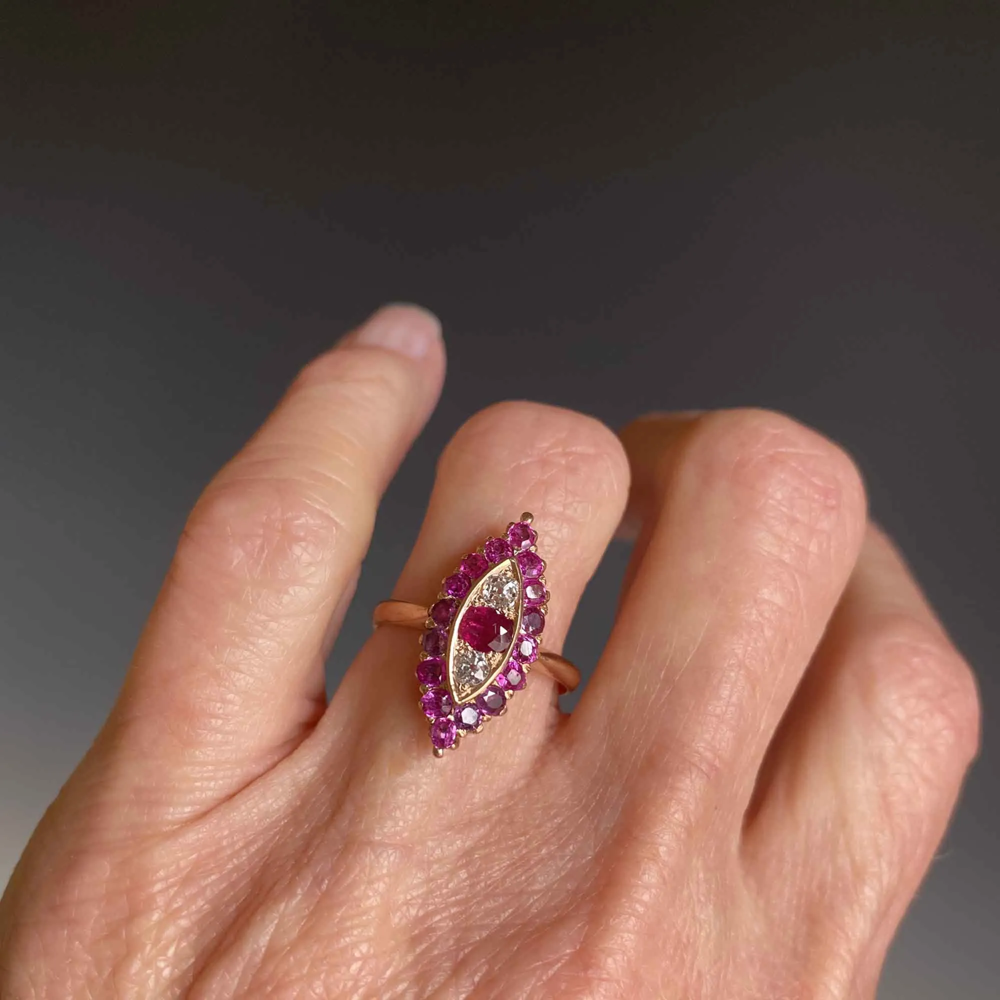 Antique Victorian 1.5 CTW Diamond Ruby Navette Ring 14K Gold