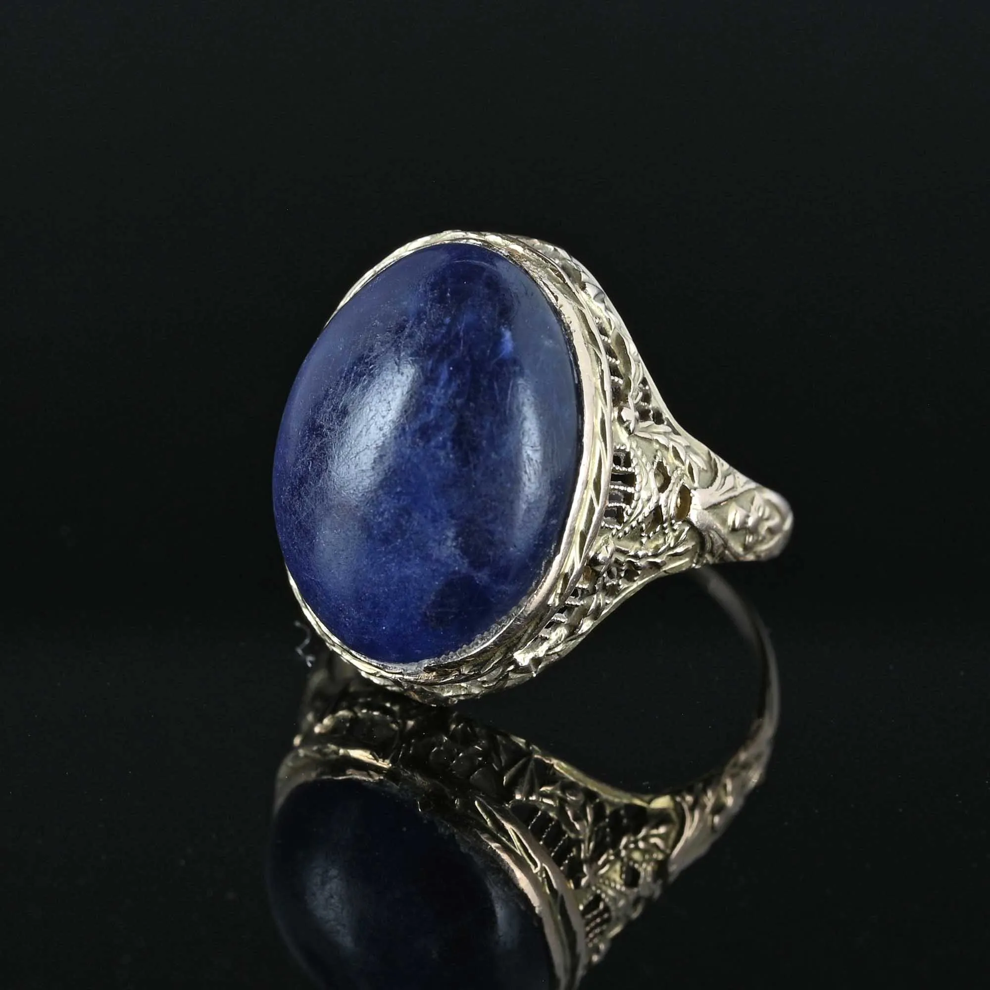 Art Deco 14K White Gold Filigree Sodalite Ring