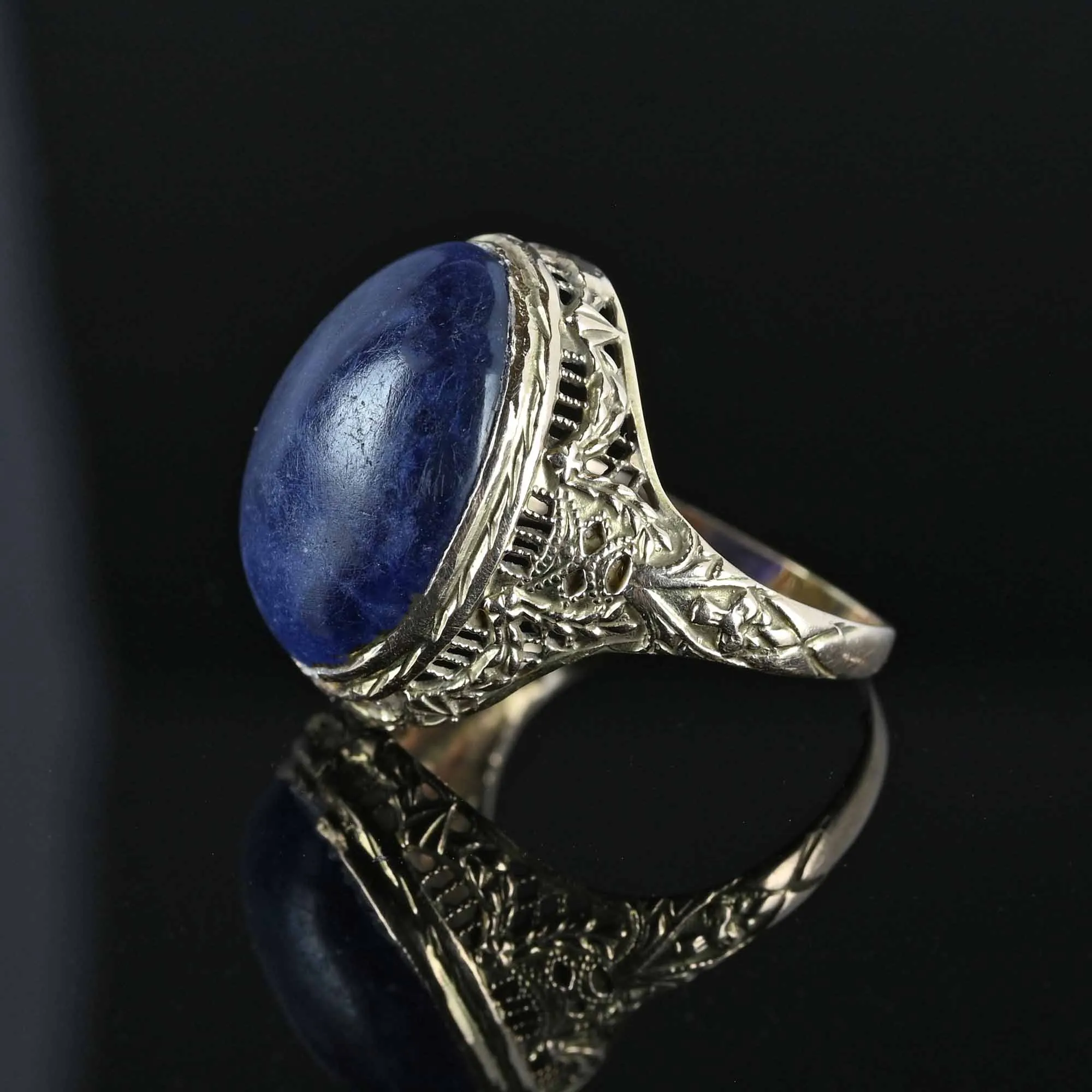 Art Deco 14K White Gold Filigree Sodalite Ring