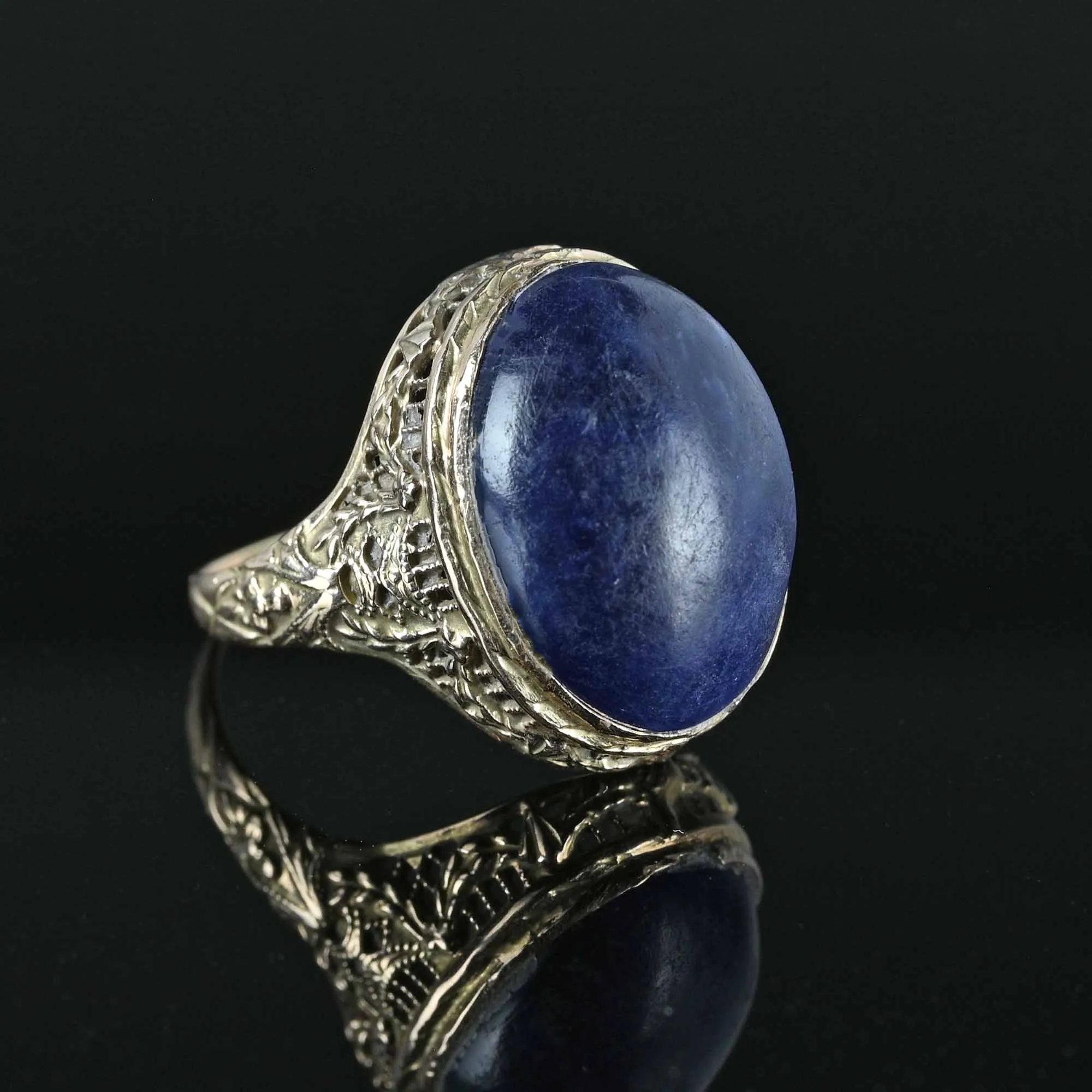 Art Deco 14K White Gold Filigree Sodalite Ring