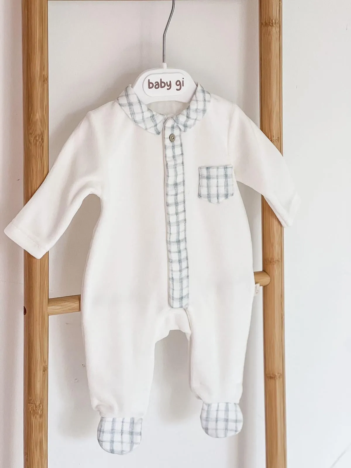 BabyGi Cream and Blue Check Baby Grow