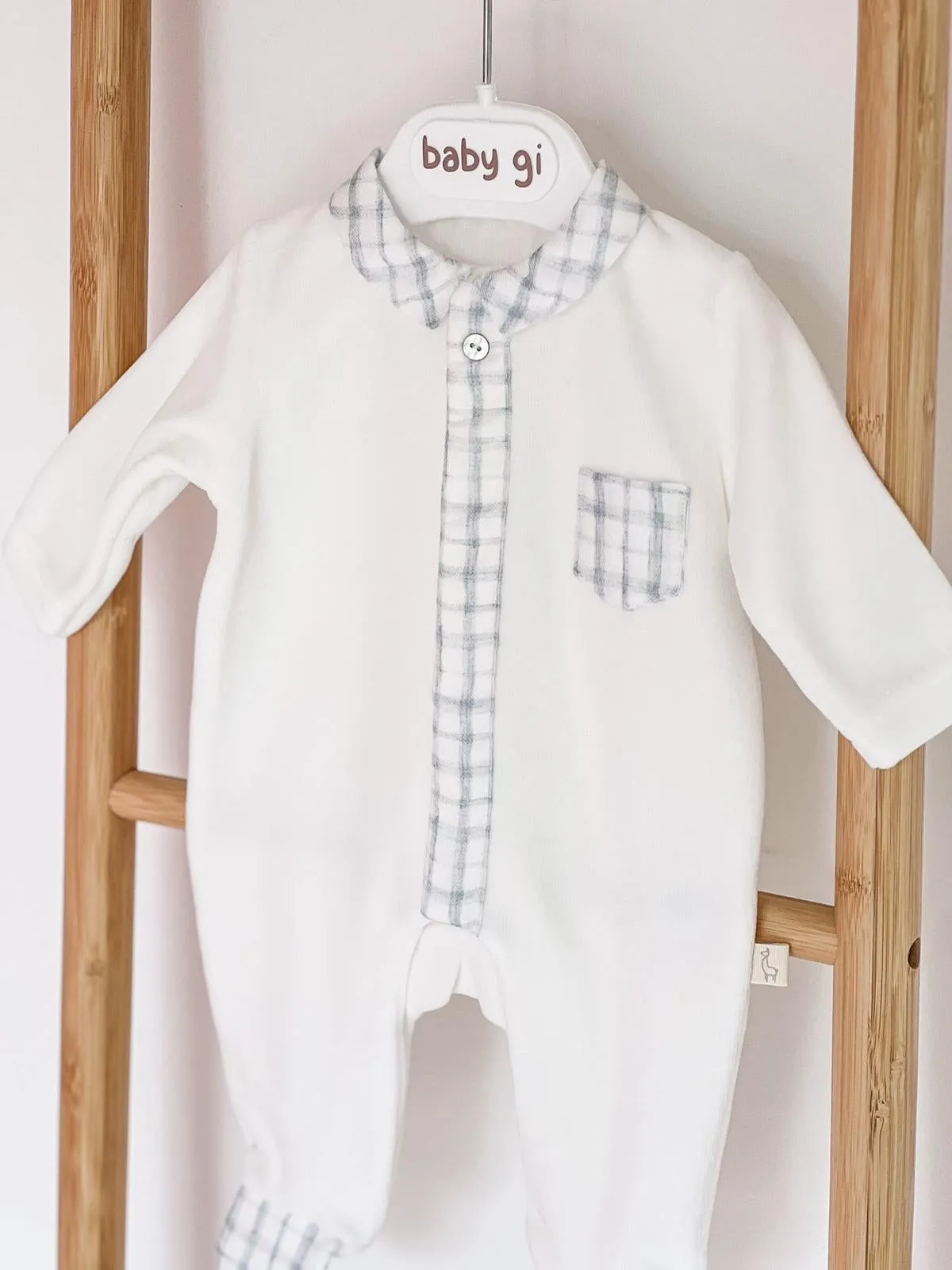 BabyGi Cream and Blue Check Baby Grow