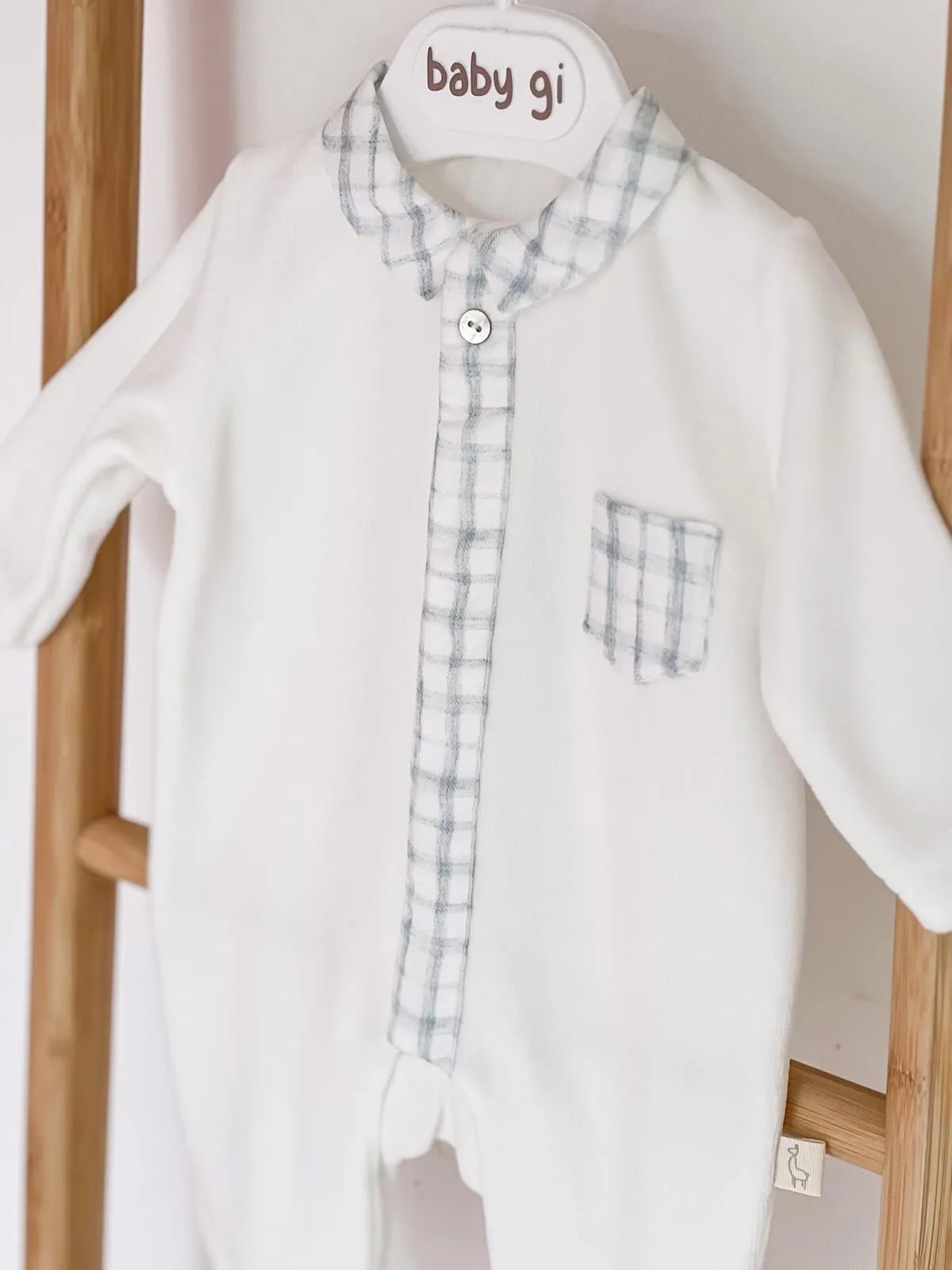 BabyGi Cream and Blue Check Baby Grow