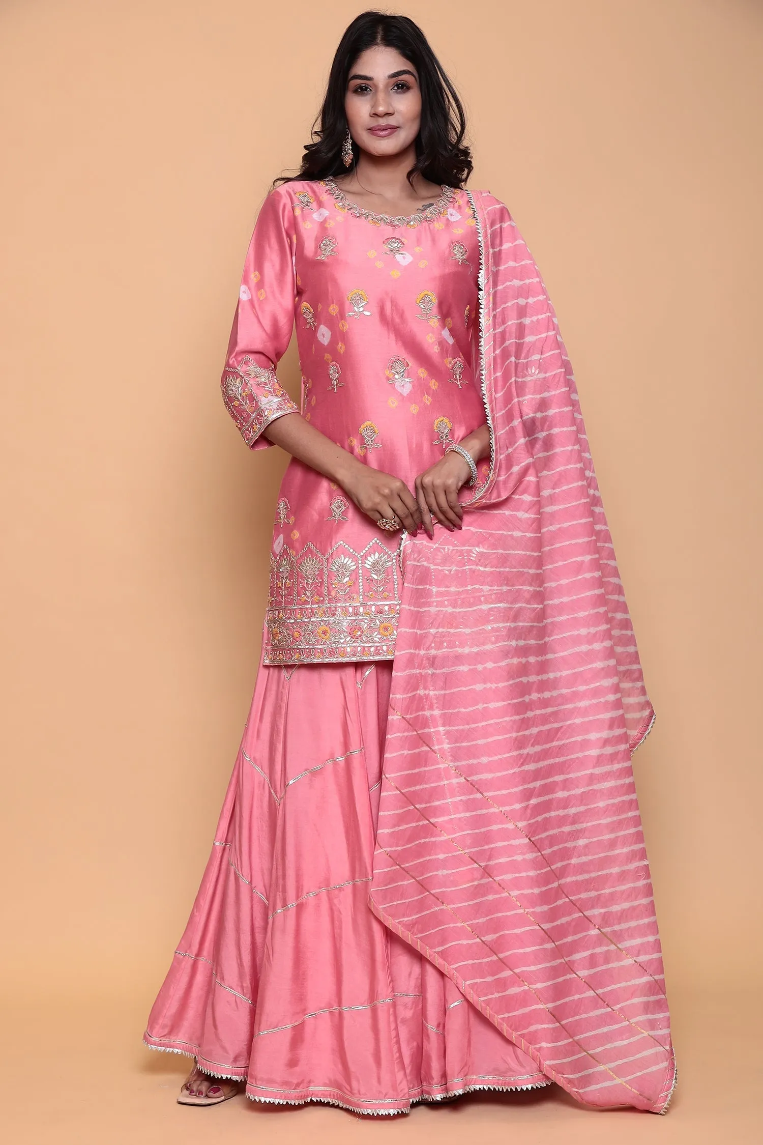 Bandhej Gota Patti Cotton Silk Suit with Gota Border.