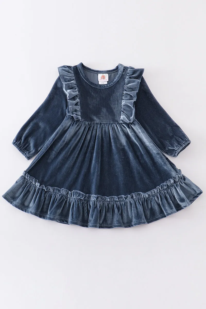 Blue ruffle velvet dress