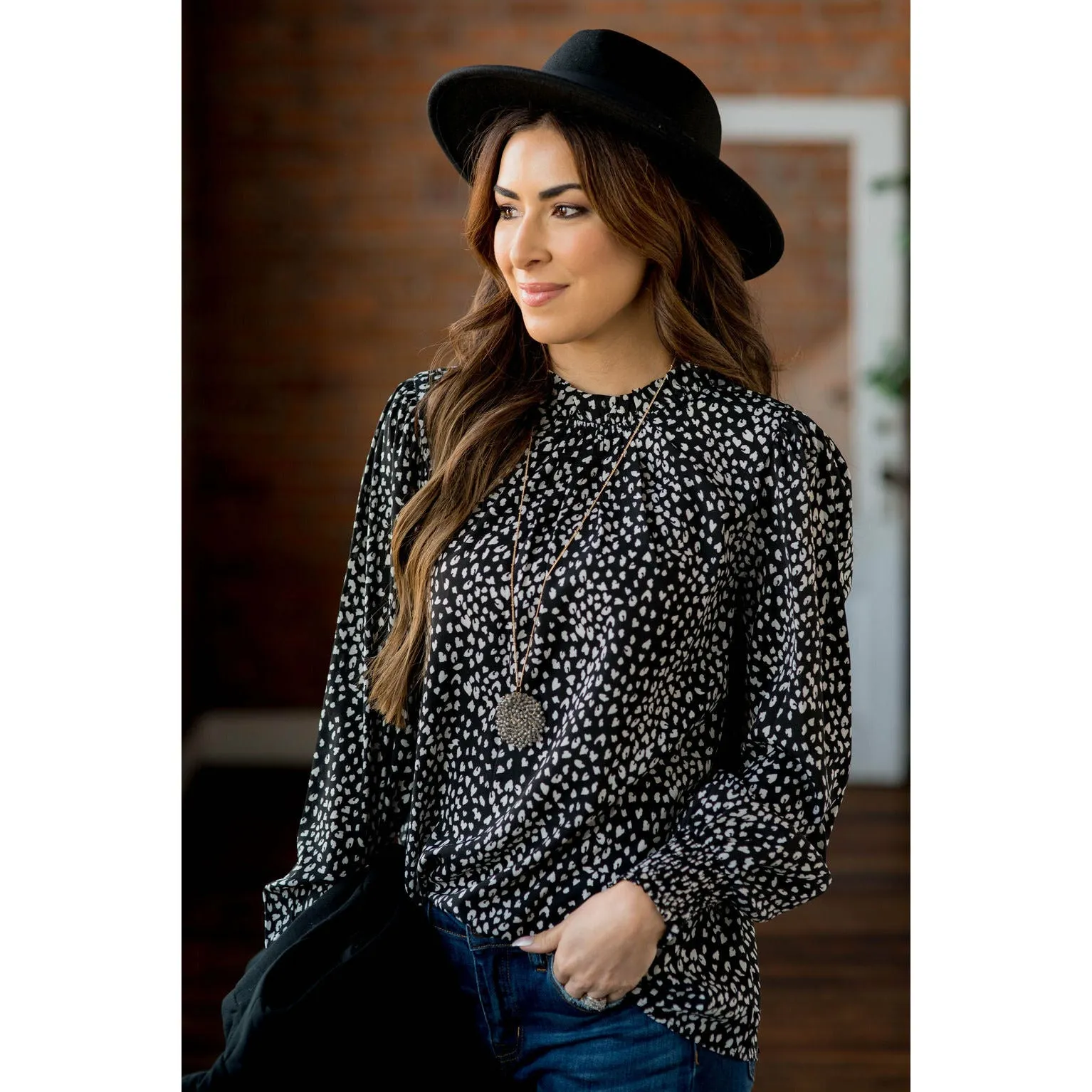 Cinched Neck Cuff Cheetah Blouse