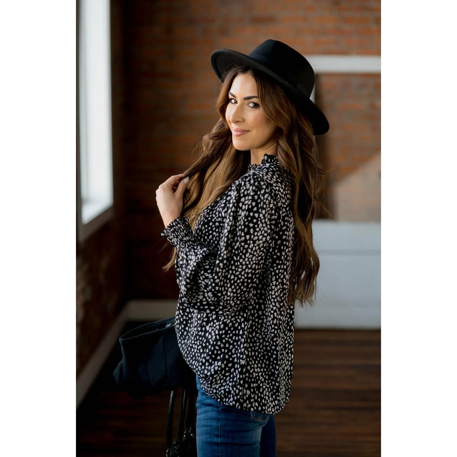 Cinched Neck Cuff Cheetah Blouse