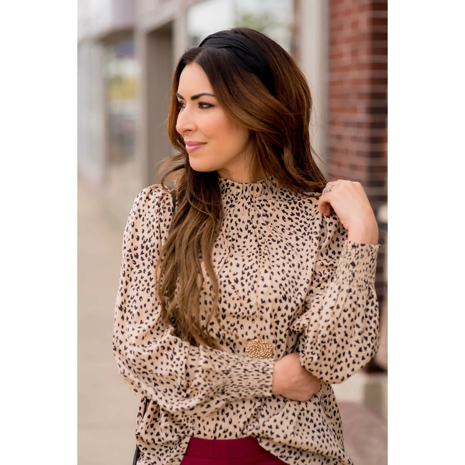 Cinched Neck Cuff Cheetah Blouse