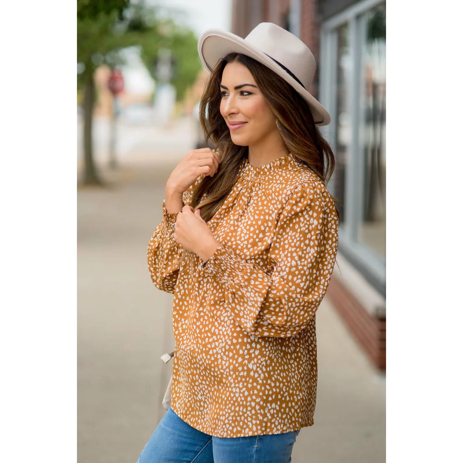 Cinched Neck Cuff Cheetah Blouse