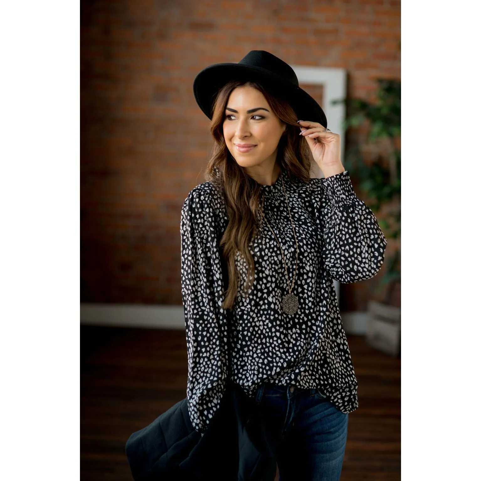 Cinched Neck Cuff Cheetah Blouse