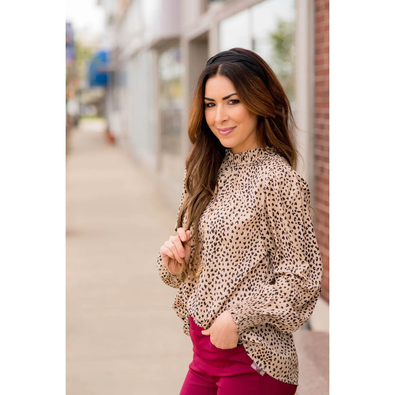 Cinched Neck Cuff Cheetah Blouse