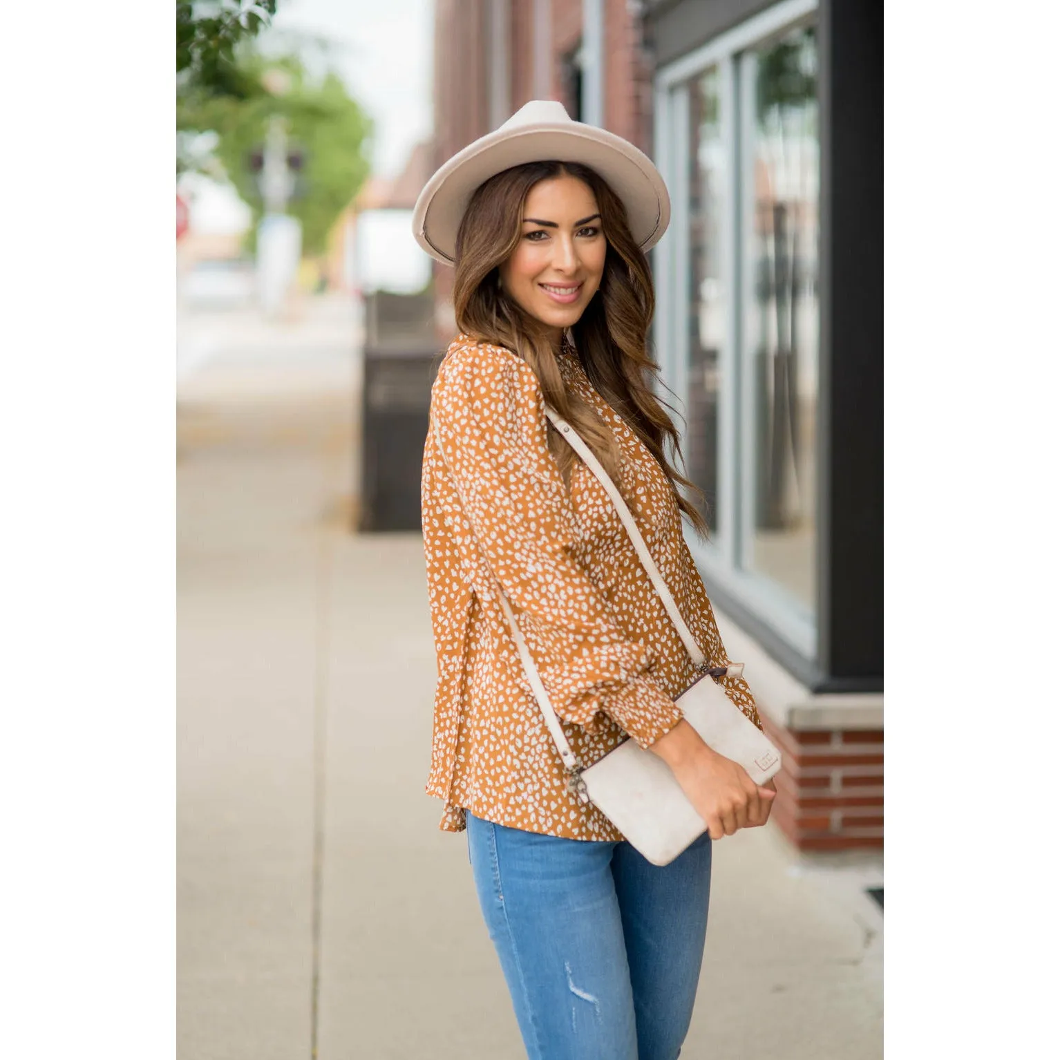 Cinched Neck Cuff Cheetah Blouse