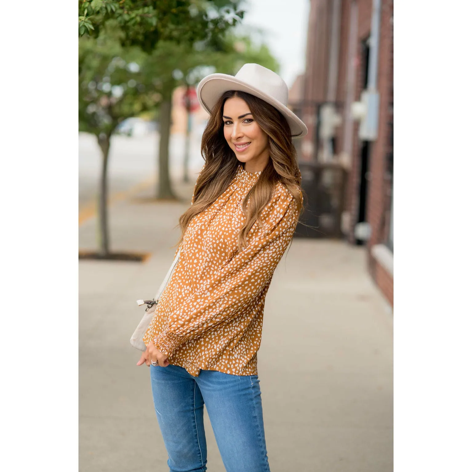 Cinched Neck Cuff Cheetah Blouse