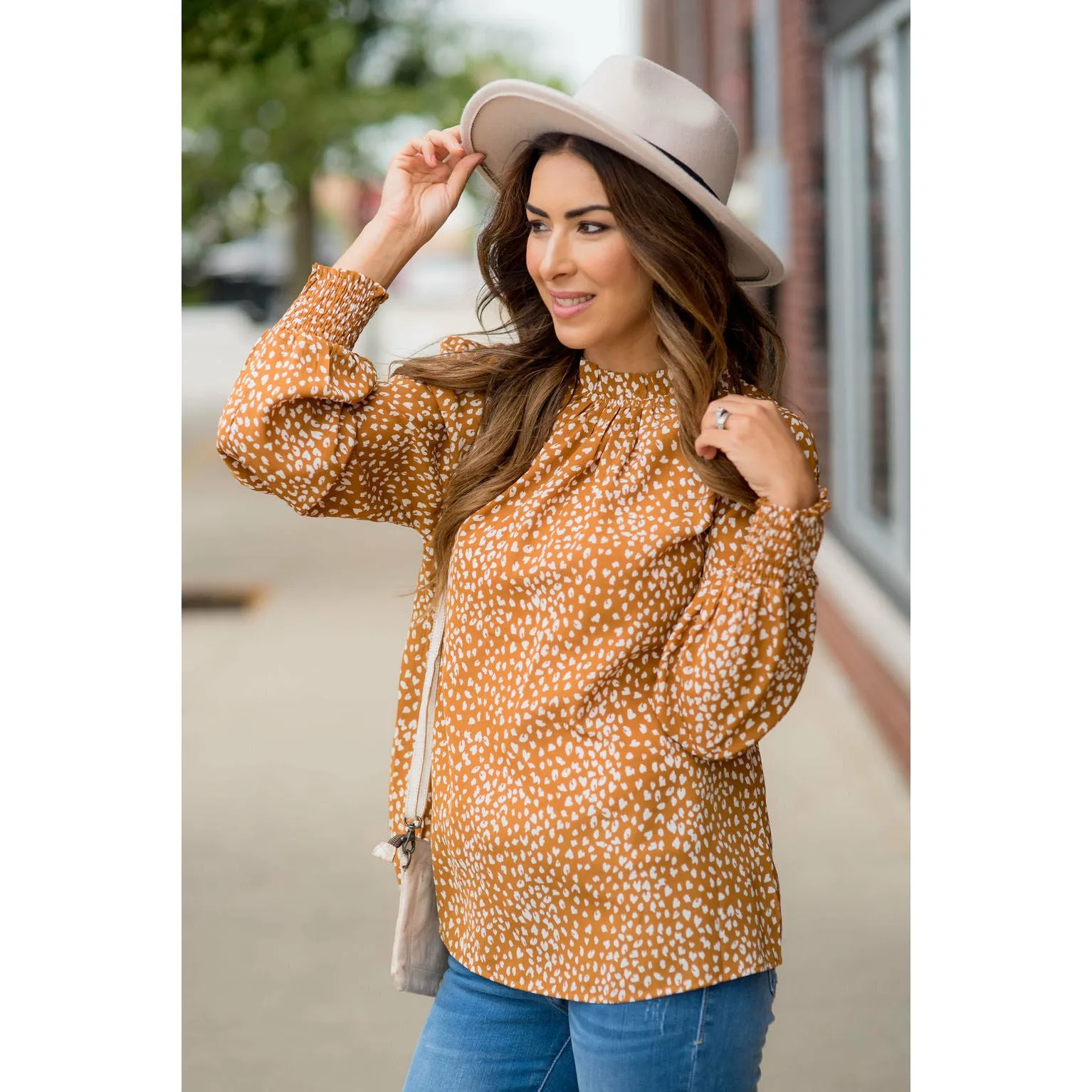 Cinched Neck Cuff Cheetah Blouse