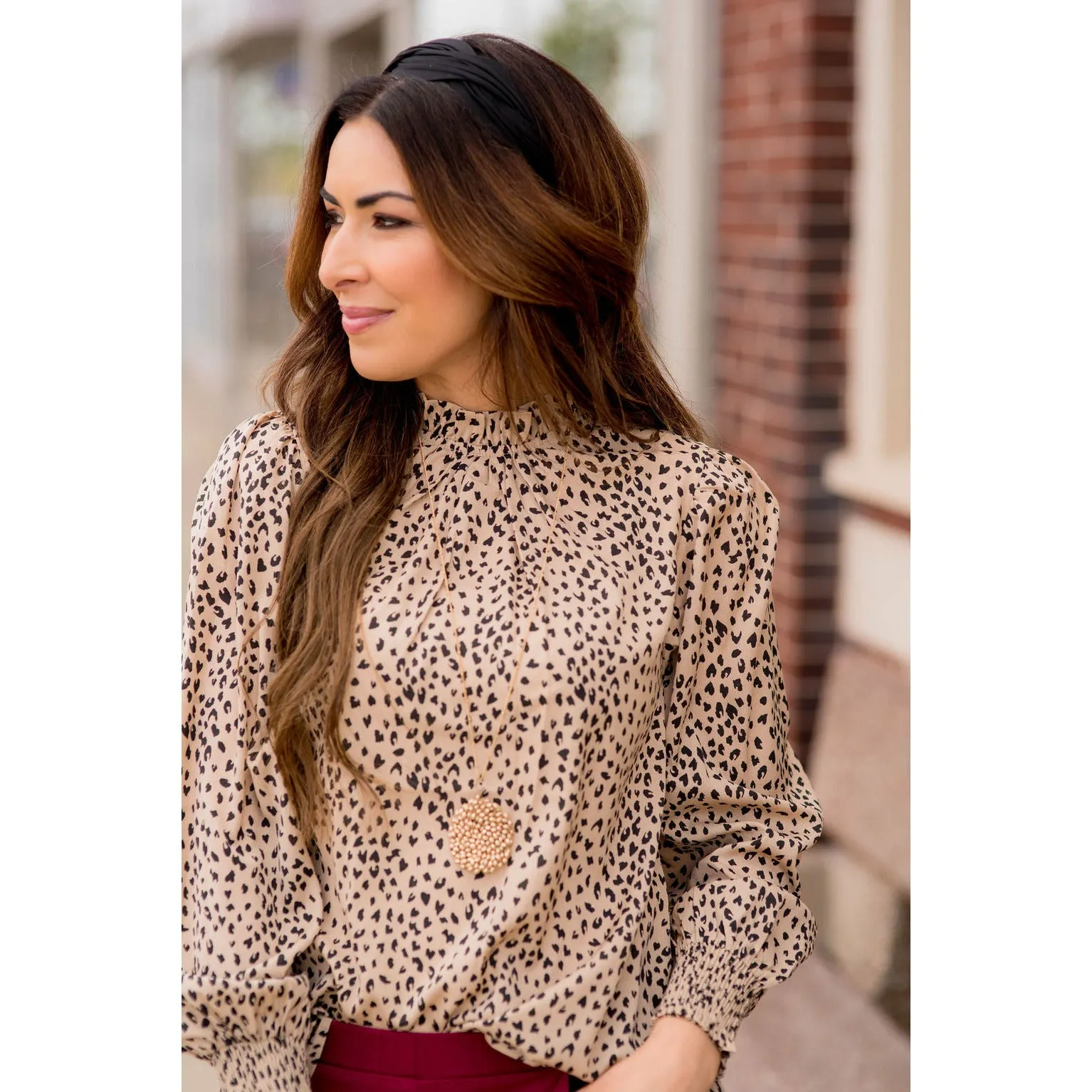 Cinched Neck Cuff Cheetah Blouse