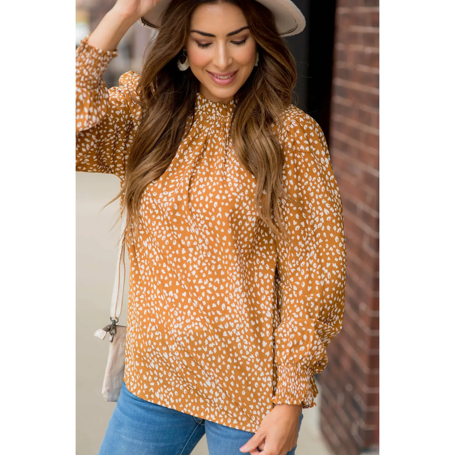 Cinched Neck Cuff Cheetah Blouse