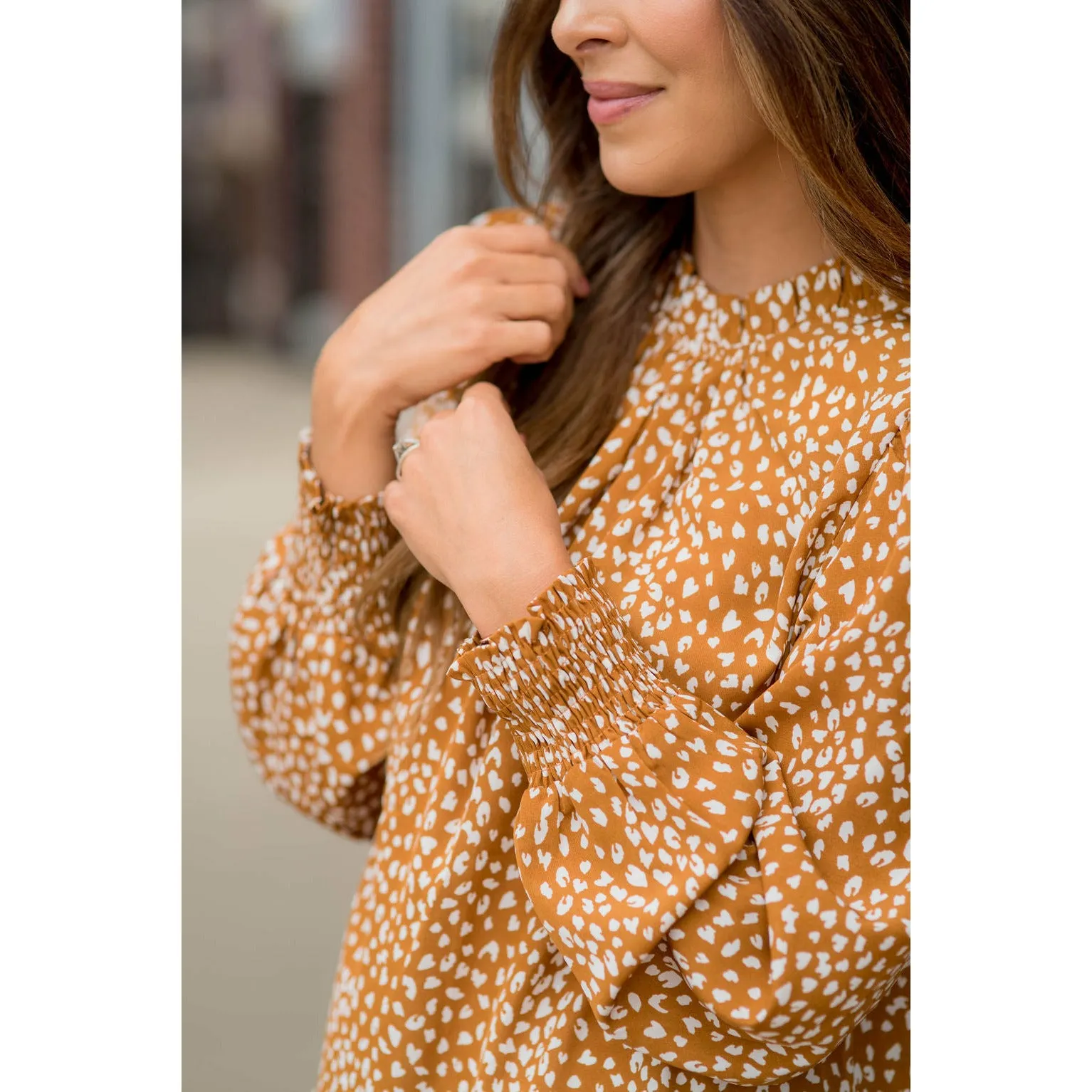 Cinched Neck Cuff Cheetah Blouse