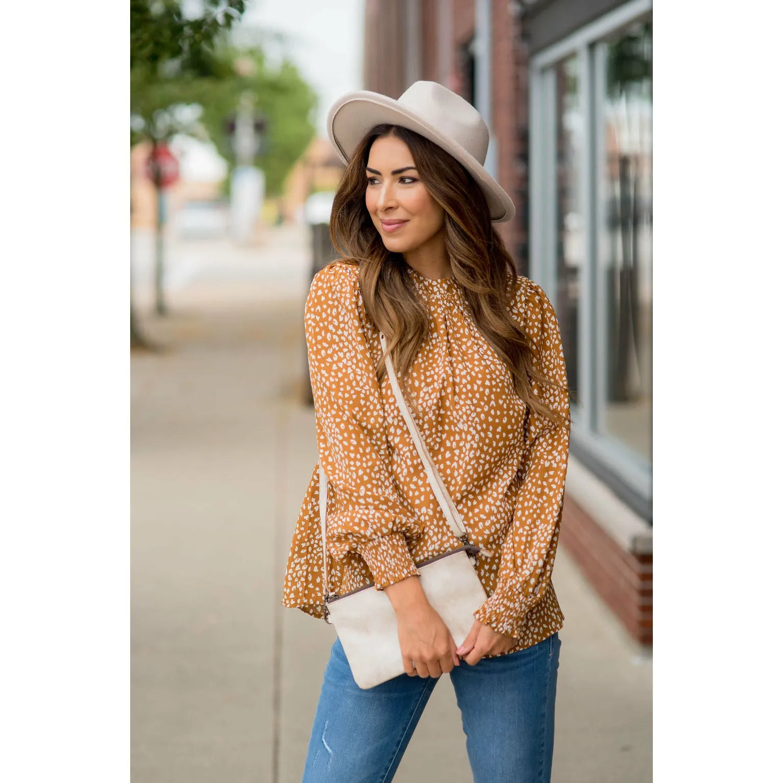 Cinched Neck Cuff Cheetah Blouse