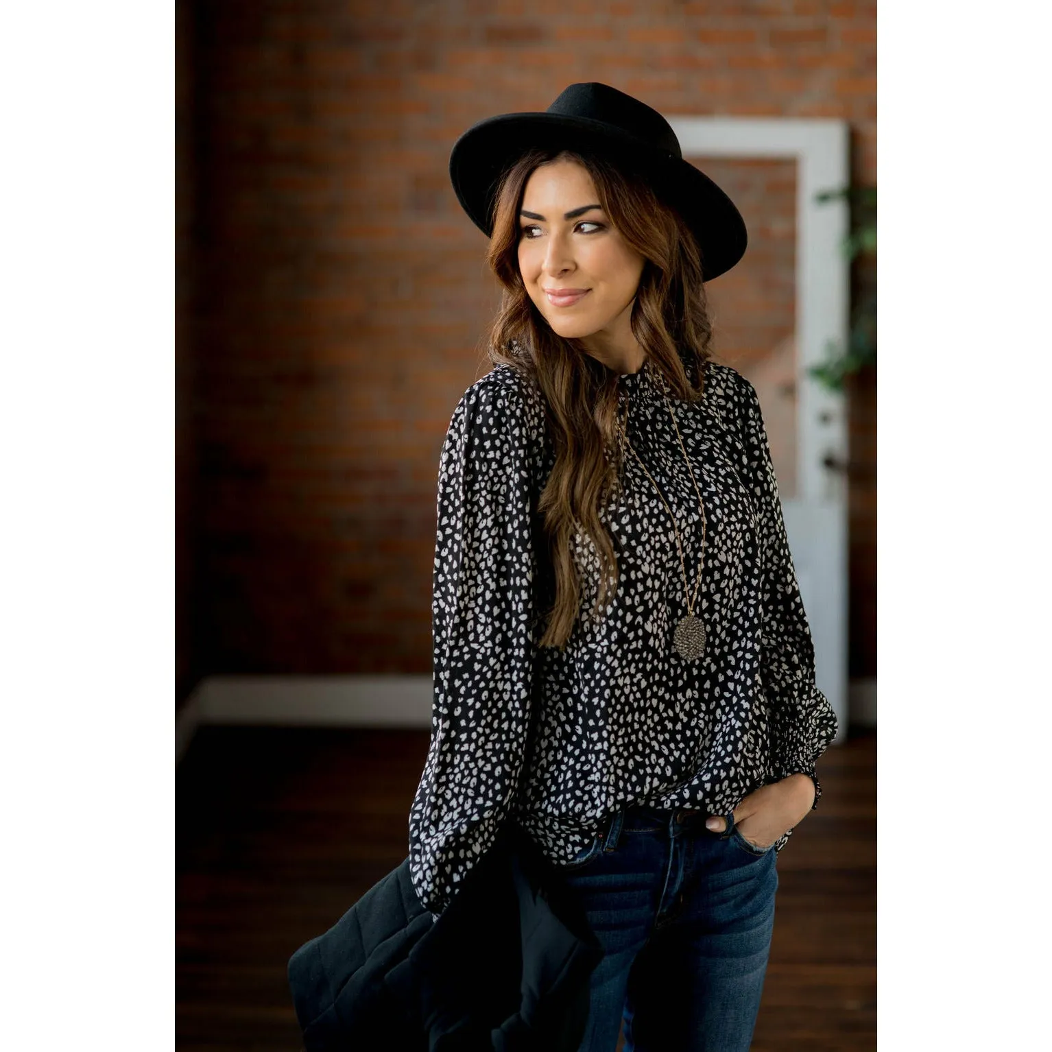 Cinched Neck Cuff Cheetah Blouse