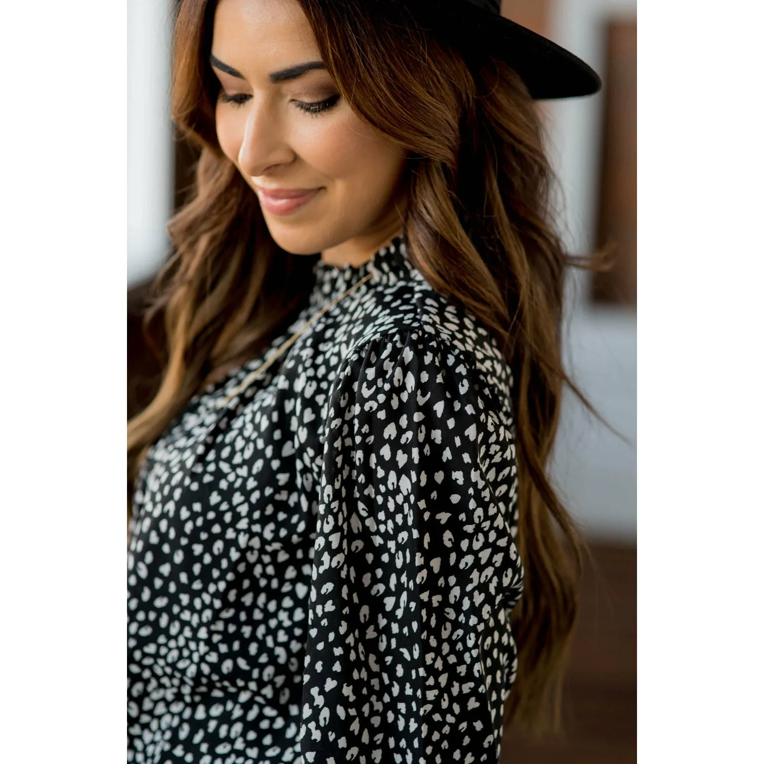 Cinched Neck Cuff Cheetah Blouse