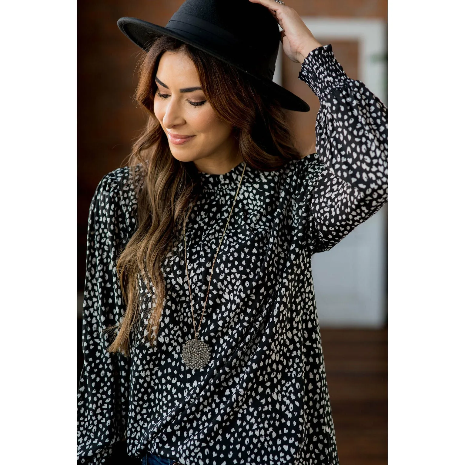 Cinched Neck Cuff Cheetah Blouse