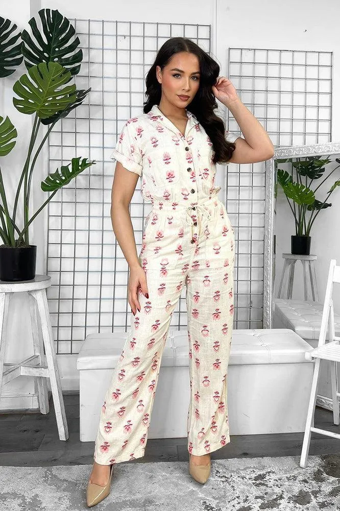 Cream Linen Blend Floral Print Buttoned Down Jumpsuit