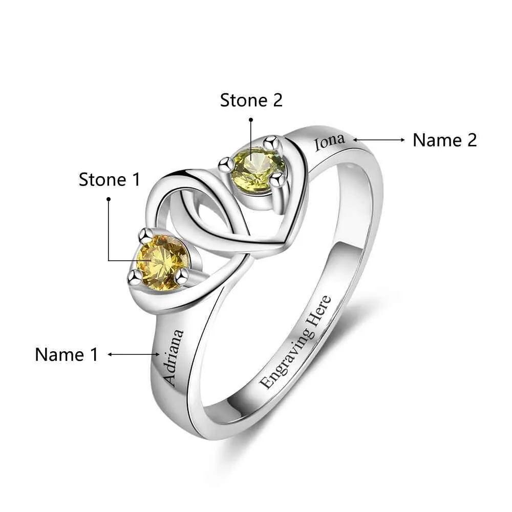 Custom 2 Stone Two Hearts Mother's Ring or Promise Ring 2 Engraved Names