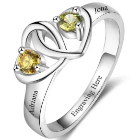 Custom 2 Stone Two Hearts Mother's Ring or Promise Ring 2 Engraved Names