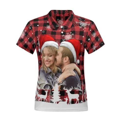 Custom Photo Snowflake Green Red Plaid Chriatmas Couple Matching Polo Shirt