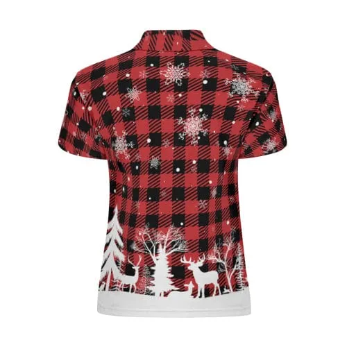 Custom Photo Snowflake Green Red Plaid Chriatmas Couple Matching Polo Shirt