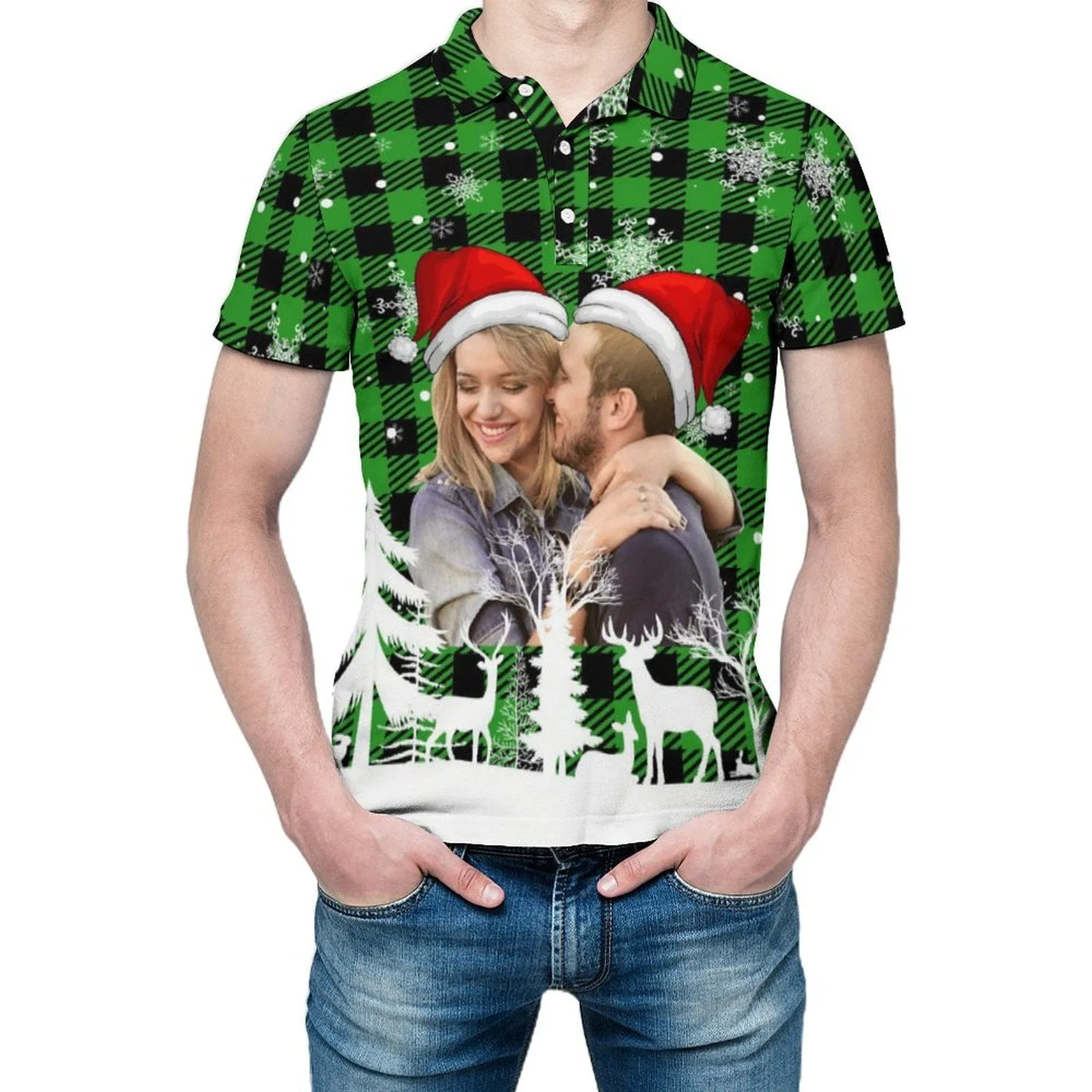 Custom Photo Snowflake Green Red Plaid Chriatmas Couple Matching Polo Shirt