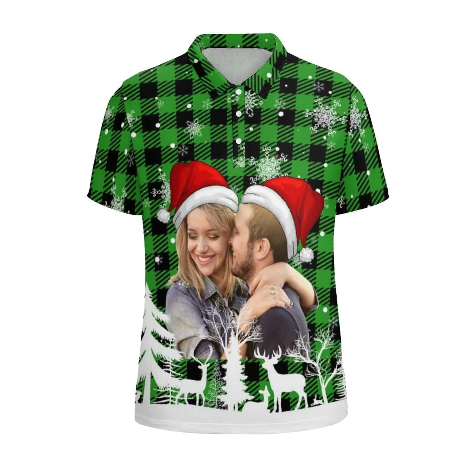 Custom Photo Snowflake Green Red Plaid Chriatmas Couple Matching Polo Shirt