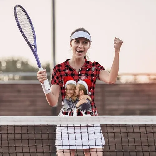 Custom Photo Snowflake Green Red Plaid Chriatmas Couple Matching Polo Shirt