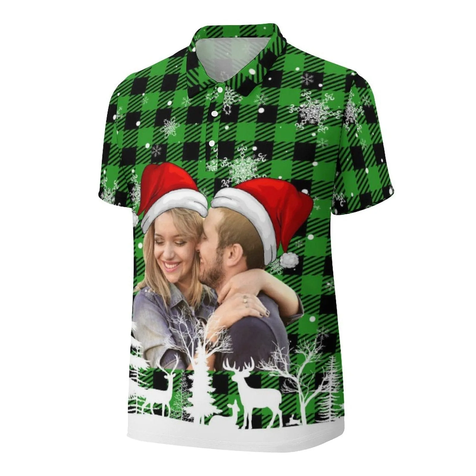 Custom Photo Snowflake Green Red Plaid Chriatmas Couple Matching Polo Shirt