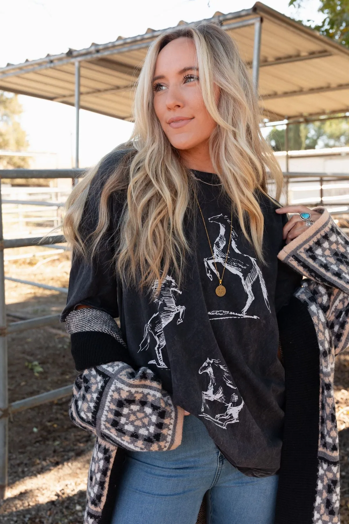 Dancing Horses Graphic Tee - Charcoal