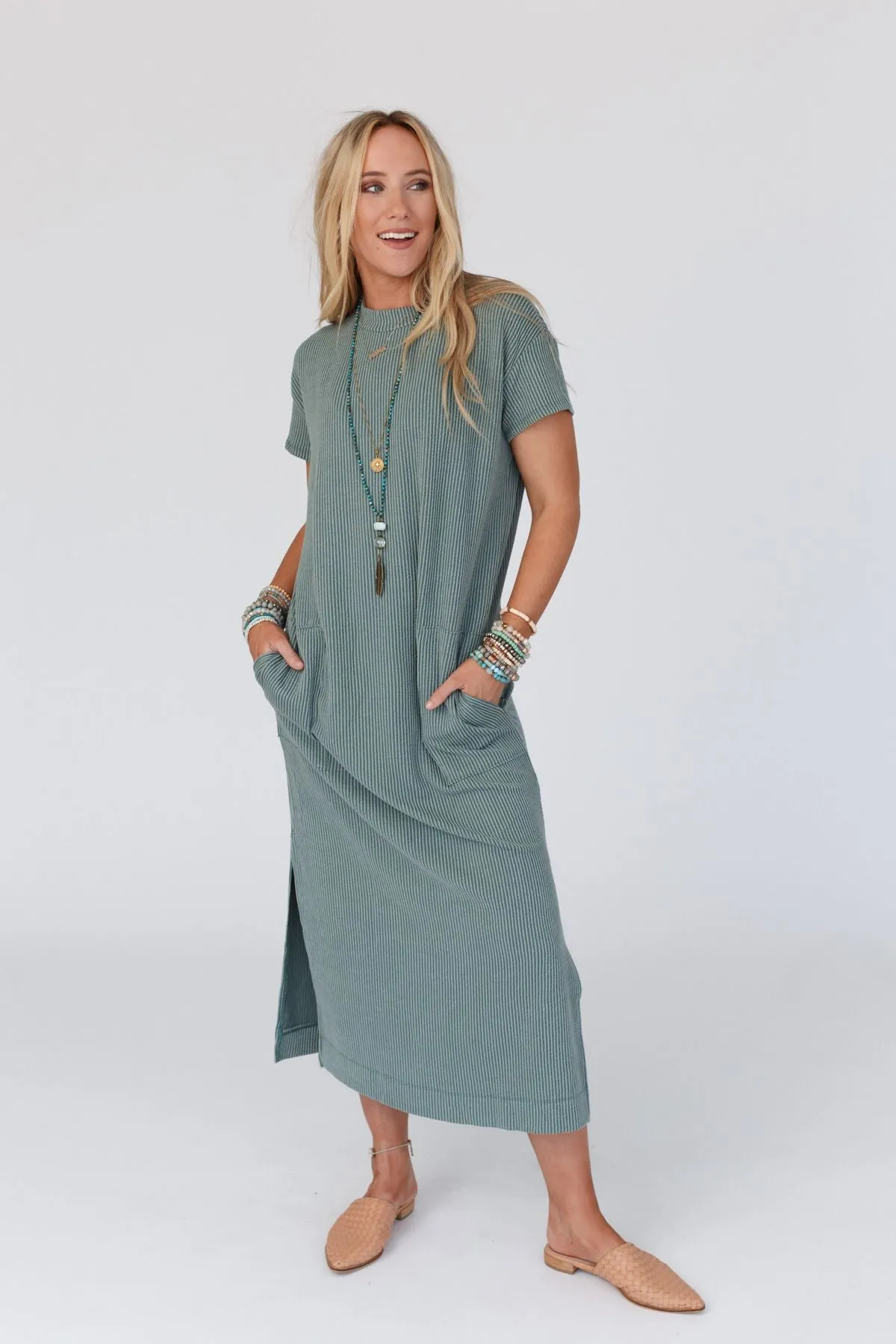 Easy Days Maxi Slit Tee Dress - Sea Foam