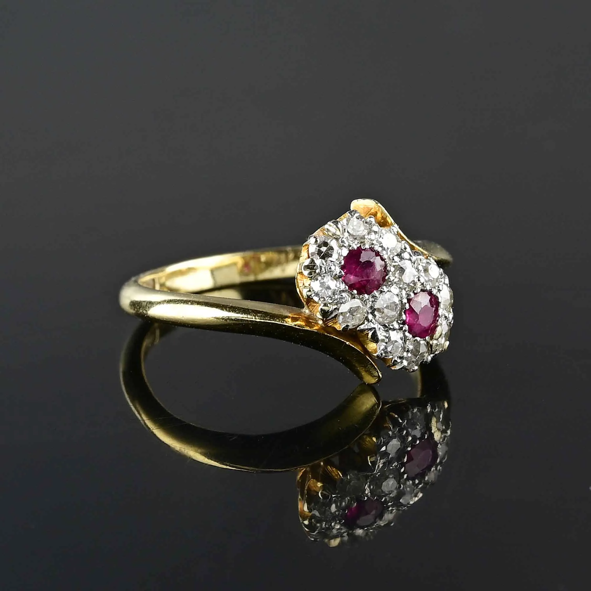 Edwardian Toi et Moi Diamond Halo Ruby Ring in 18K Gold