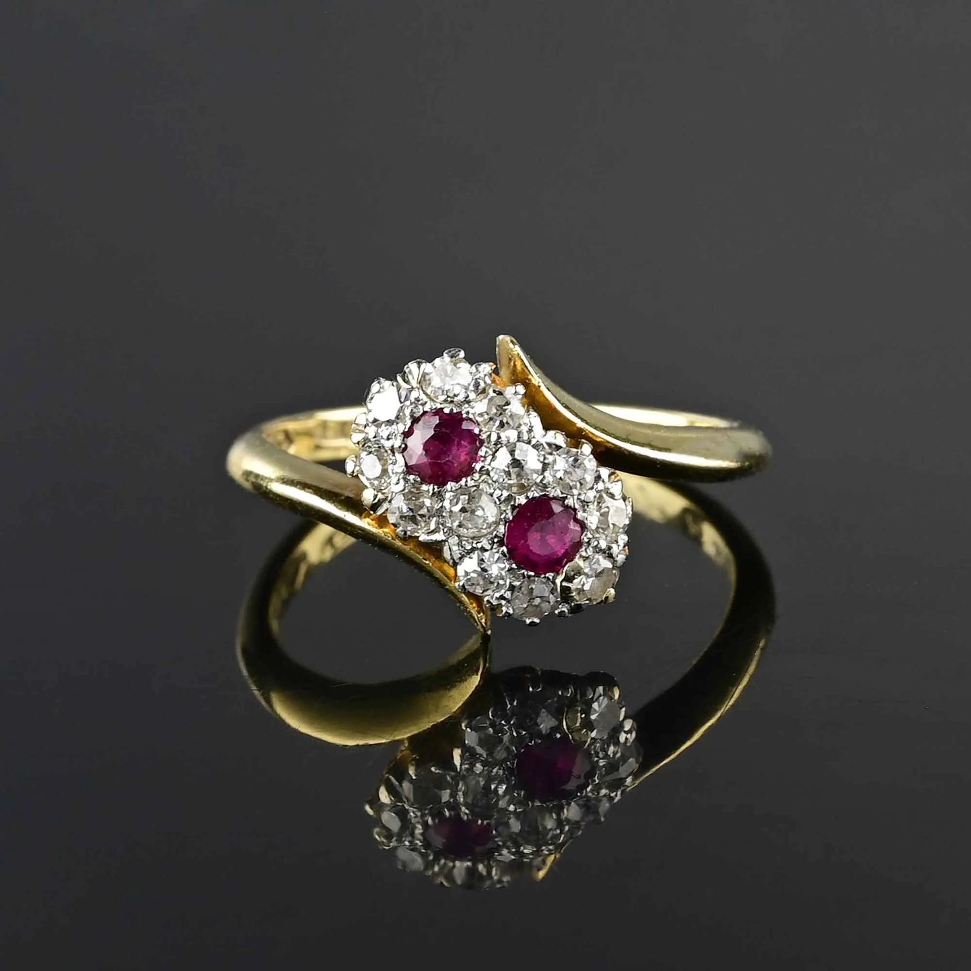 Edwardian Toi et Moi Diamond Halo Ruby Ring in 18K Gold