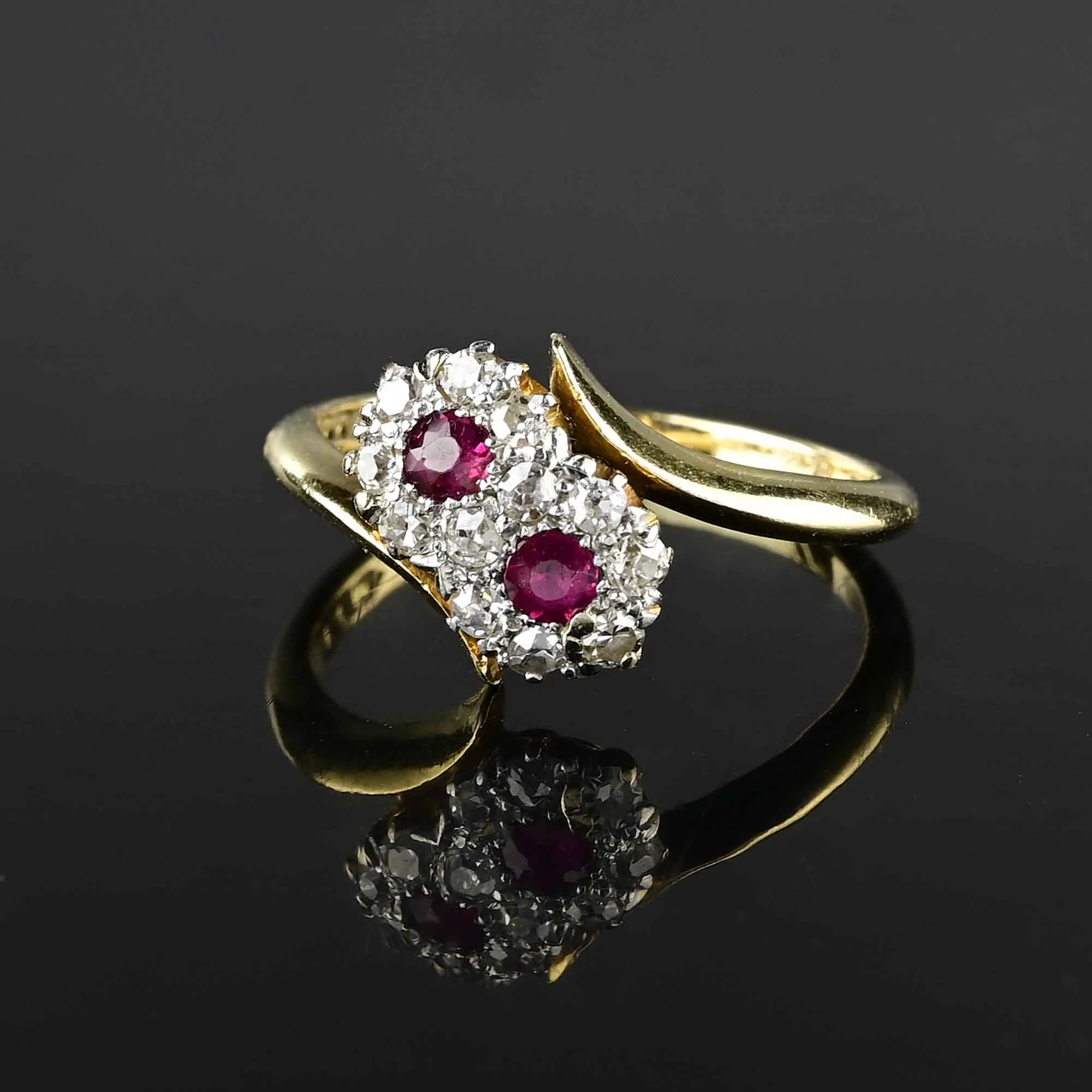 Edwardian Toi et Moi Diamond Halo Ruby Ring in 18K Gold