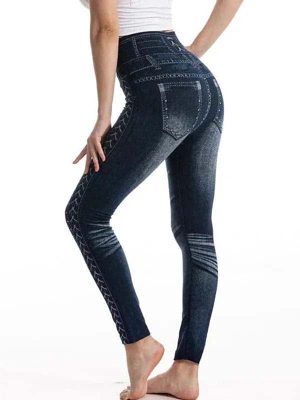 Faux Denim Stretchy High Waist Tights Pants for Women