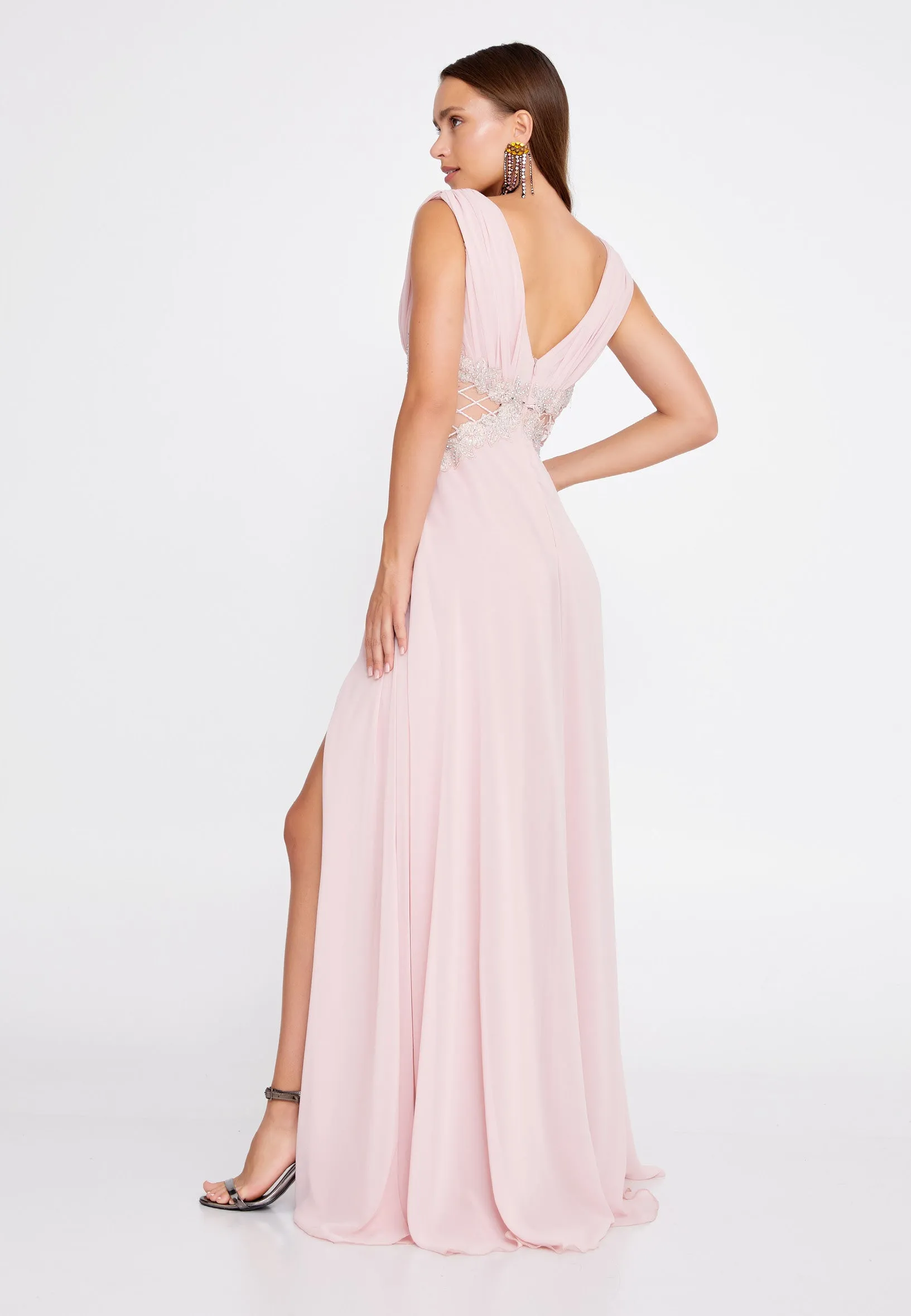 Flowy Sleeveless Maxi Chiffon Wedding Guest Dress with Embriodery Waist - Pink